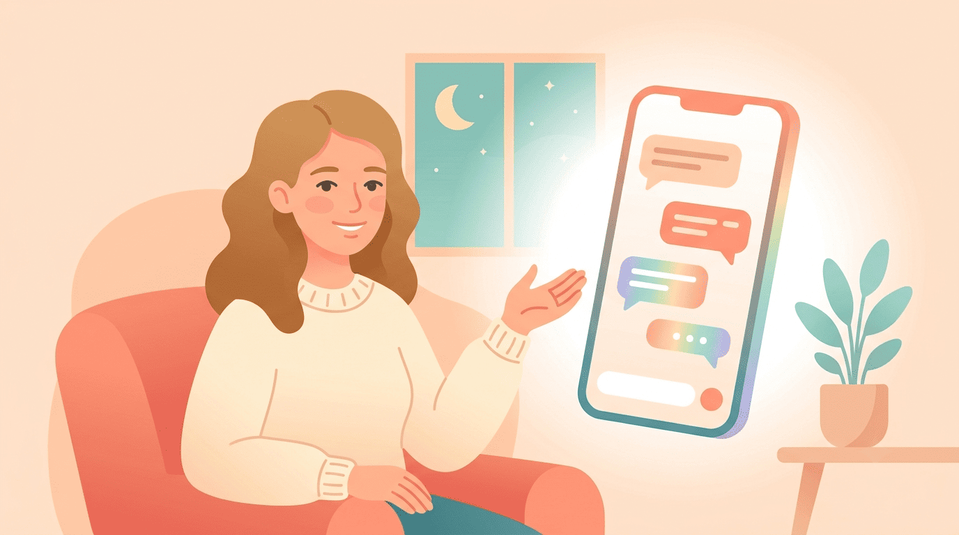 Женщина-психолог Мия указывает на смартфон с чатом вечером