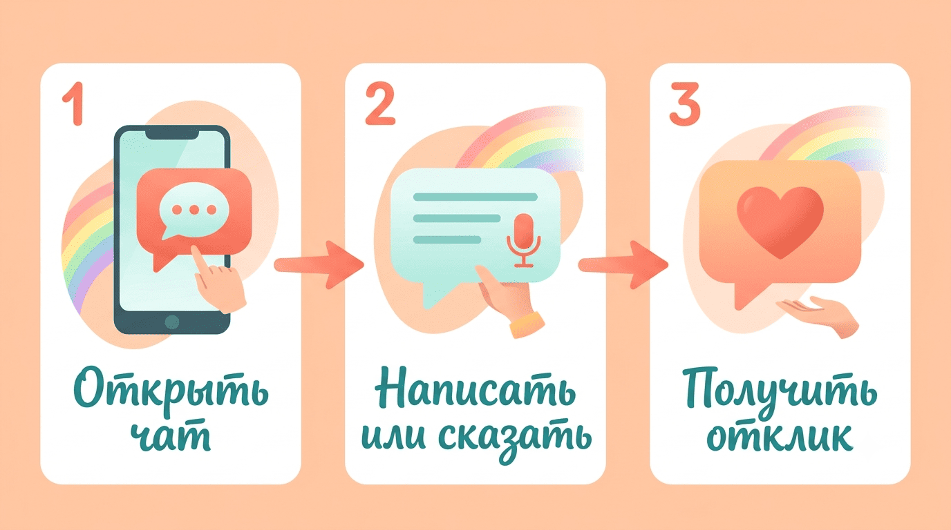 Три шага начала работы с ИИ-психологом: открыть чат, написать или сказать, получить отклик