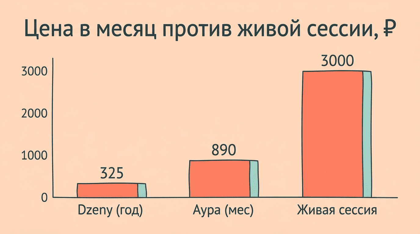 Столбчатая диаграмма: 325 ₽ у Dzeny, 890 ₽ у Ауры, 3000 ₽ за живую сессию