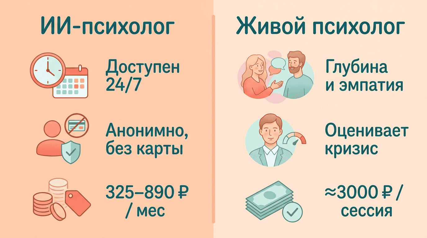 Сравнение ИИ-психолога и живого психолога по доступности, анонимности, цене и глубине