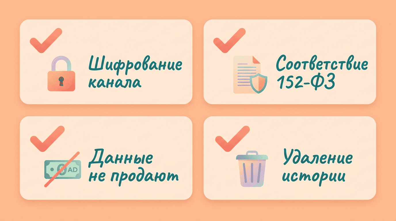 Чеклист приватности: шифрование канала, соответствие 152-ФЗ, данные не продают, удаление истории
