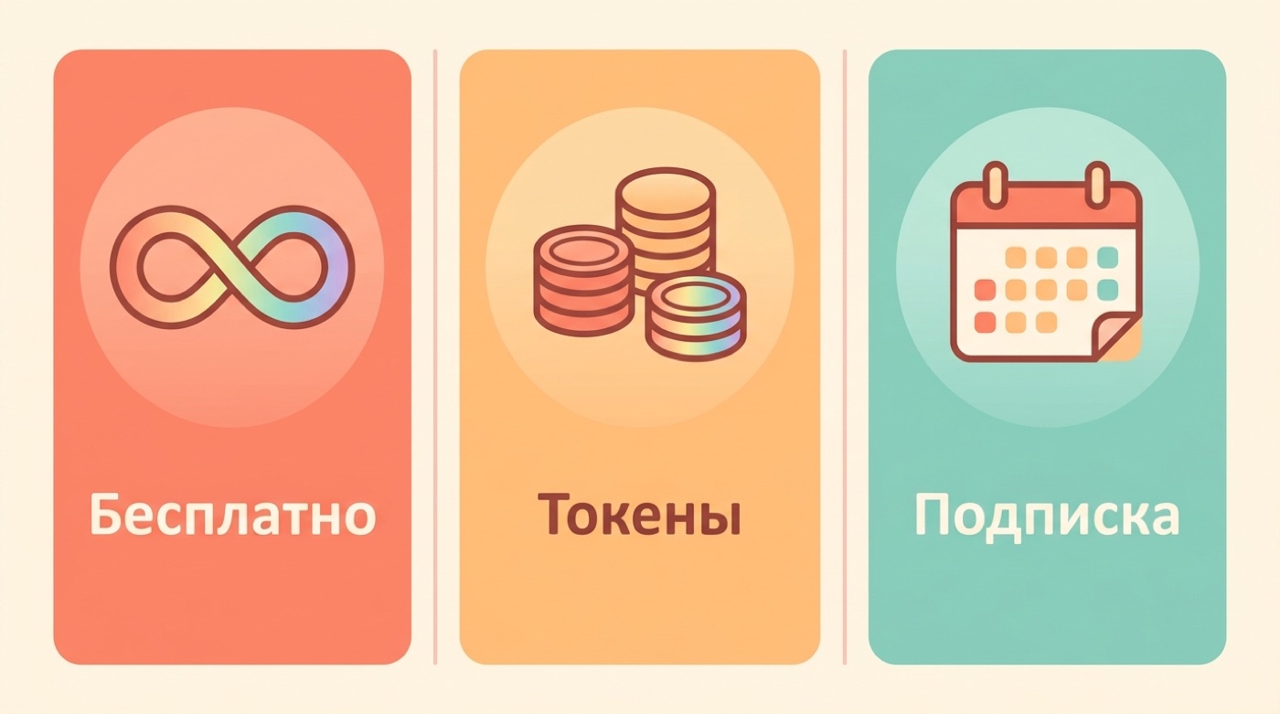 Три карточки моделей оплаты: бесплатно, токены, подписка