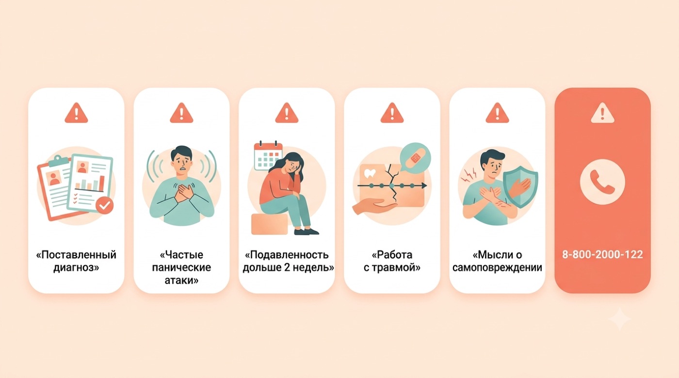 Чеклист ситуаций, когда нужен живой психолог, и телефон доверия