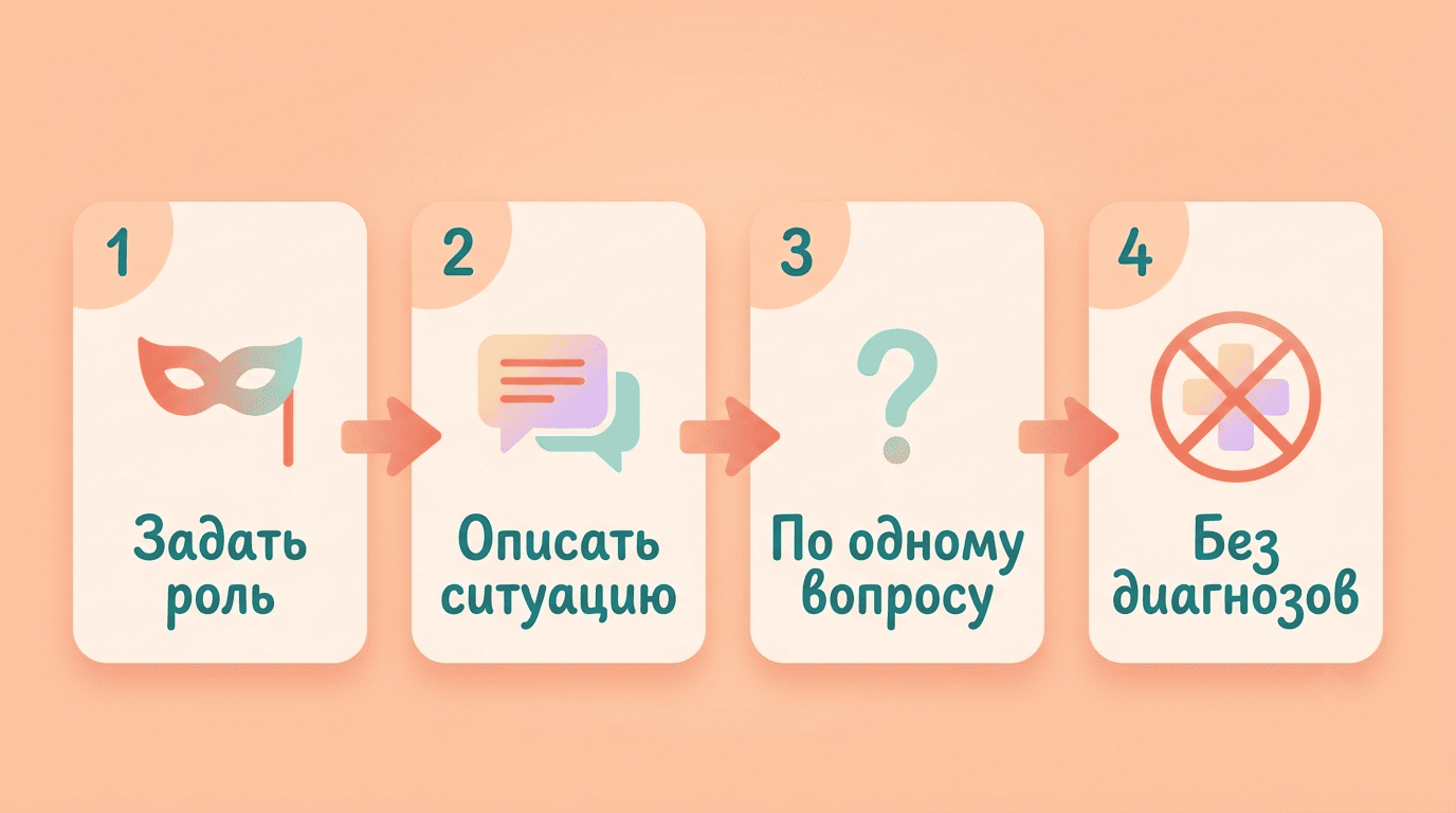 Четыре шага настройки промпта: задать роль, описать ситуацию, по одному вопросу, без диагнозов