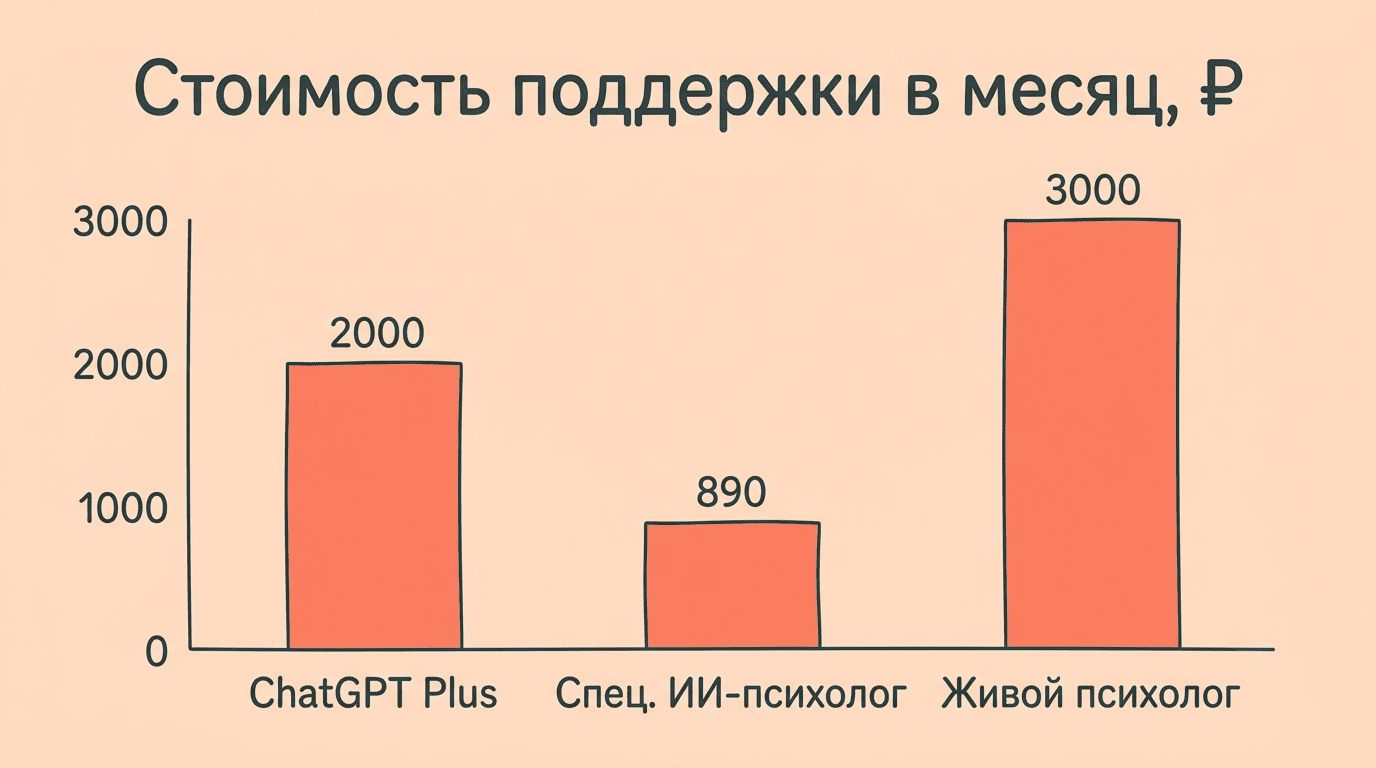 Диаграмма стоимости: ChatGPT Plus 2000 ₽, спец. ИИ-психолог 890 ₽, живой психолог 3000 ₽