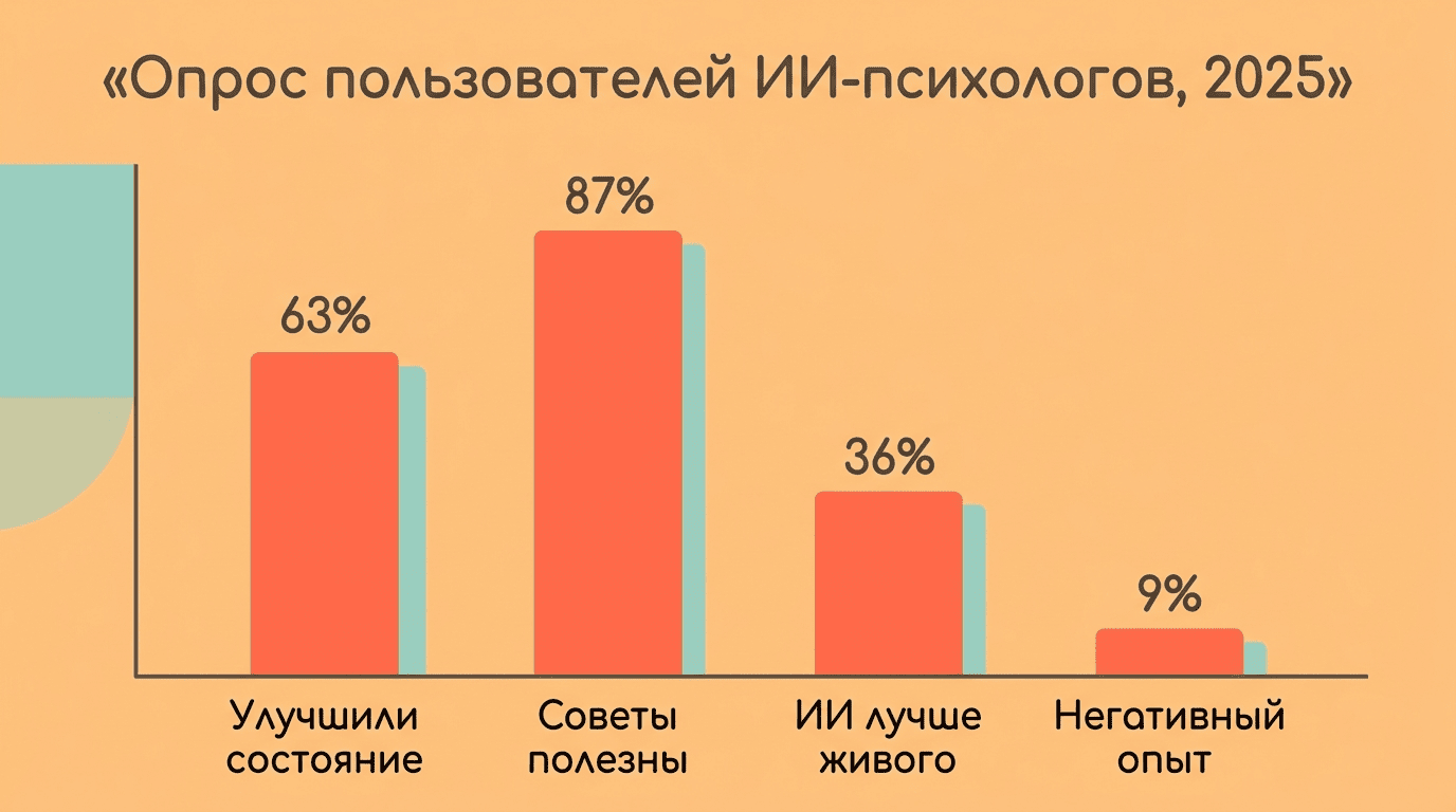 Диаграмма опроса пользователей ИИ-психологов за 2025 год: 63% улучшили состояние, 87% сочли советы полезными