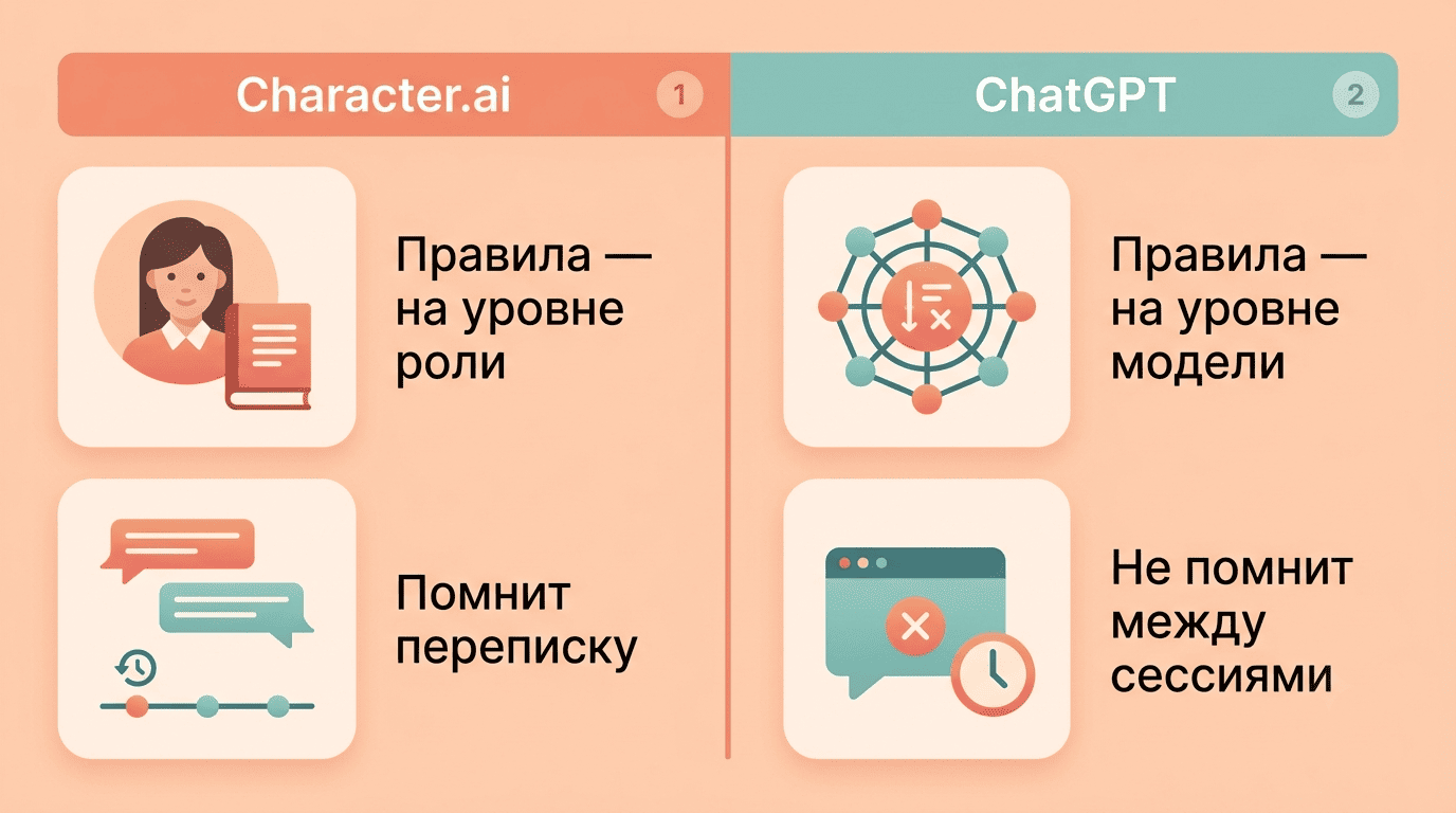 Сравнение character.ai и ChatGPT в роли психолога: правила безопасности на уровне роли против уровня модели, память переписки между сессиями