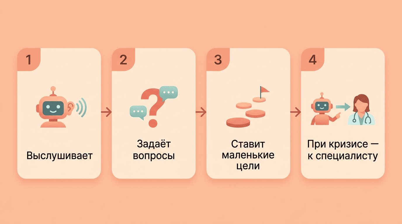 Схема работы бота-психолога на character.ai: выслушивает, задаёт вопросы, ставит маленькие цели и при кризисе направляет к специалисту