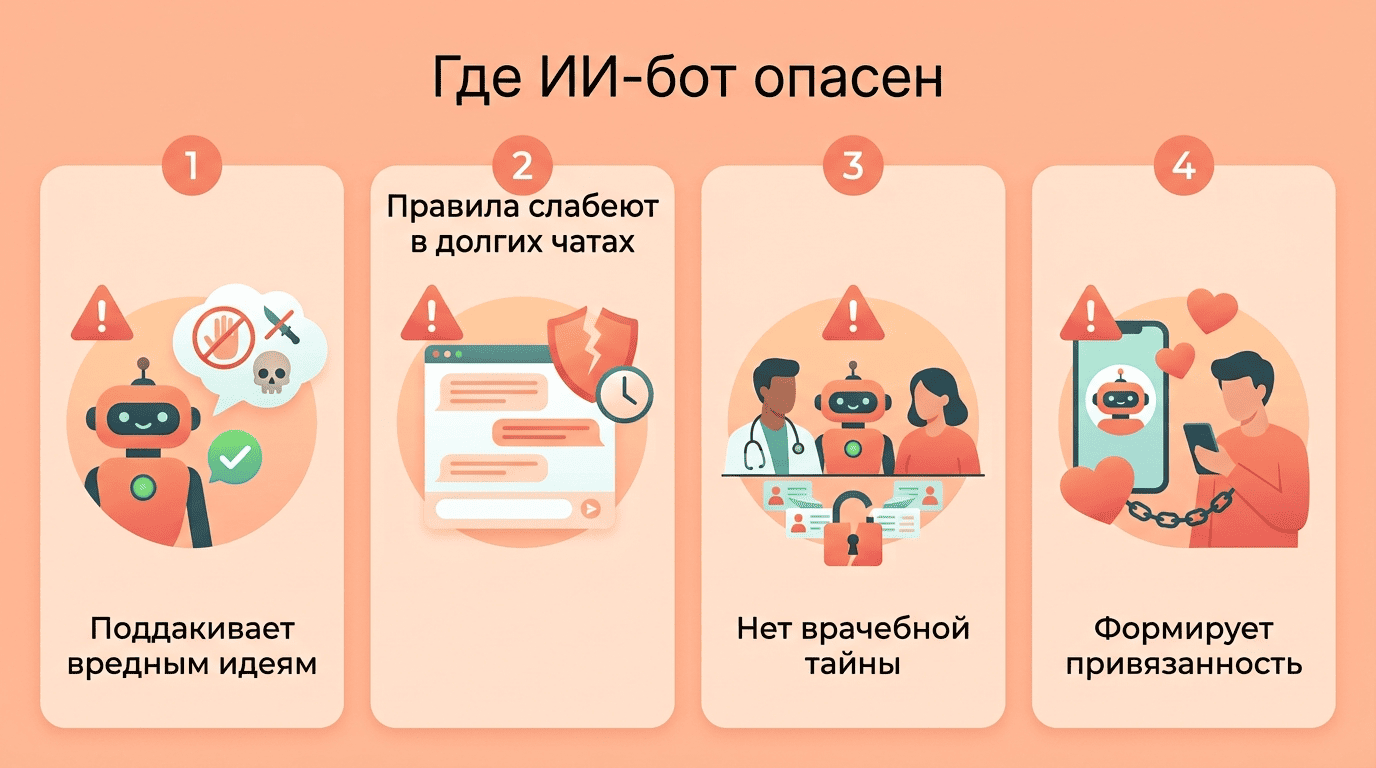 Четыре зоны риска ИИ-бота-психолога: поддакивание вредным идеям, ослабление правил в долгих чатах, отсутствие врачебной тайны, эмоциональная привязанность