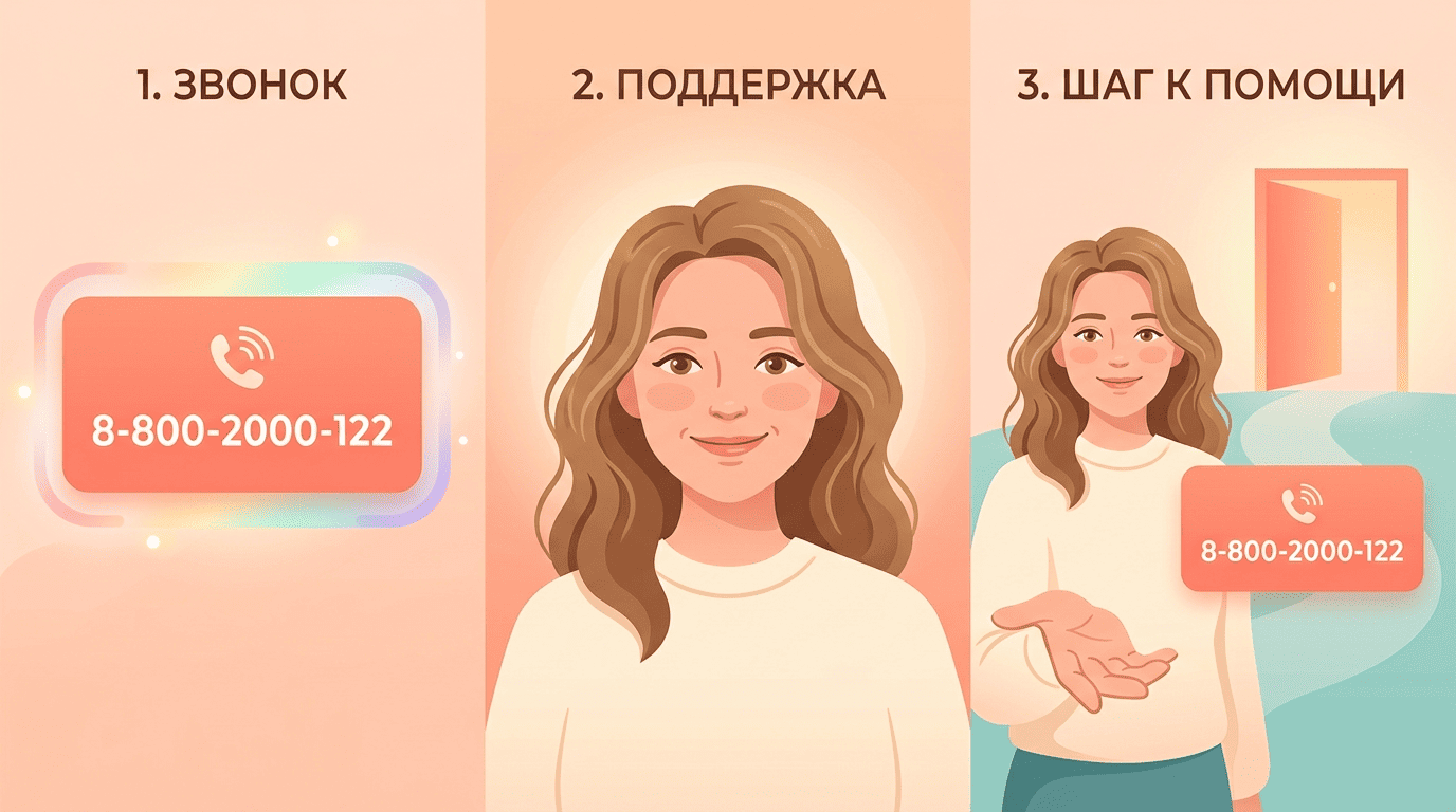 Безопасный следующий шаг при тяжёлом состоянии: звонок на телефон доверия 8-800-2000-122 и переход к живой помощи