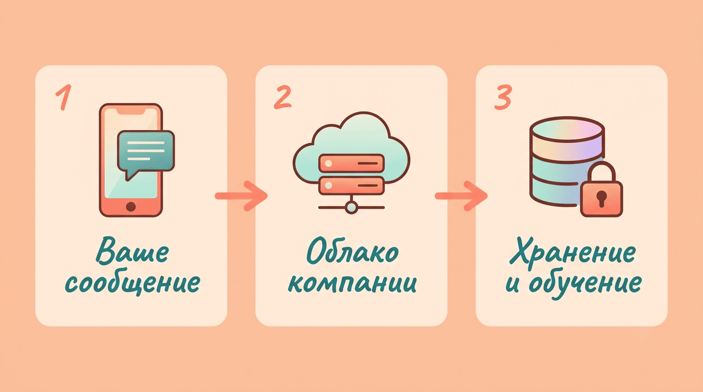 Путь данных: ваше сообщение, облако компании, хранение и обучение