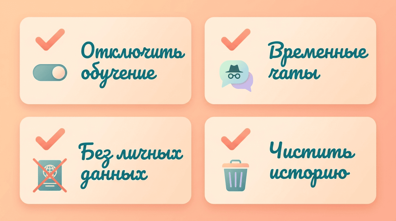 Чеклист защиты данных: отключить обучение, временные чаты, без личных данных, чистить историю