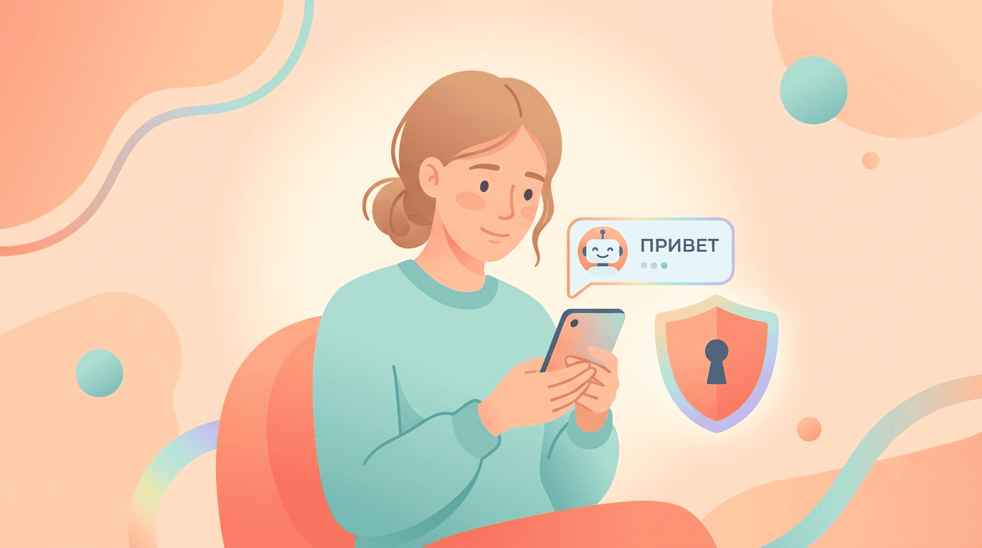 Девушка с телефоном и защитный щит с замком рядом — осторожное доверие