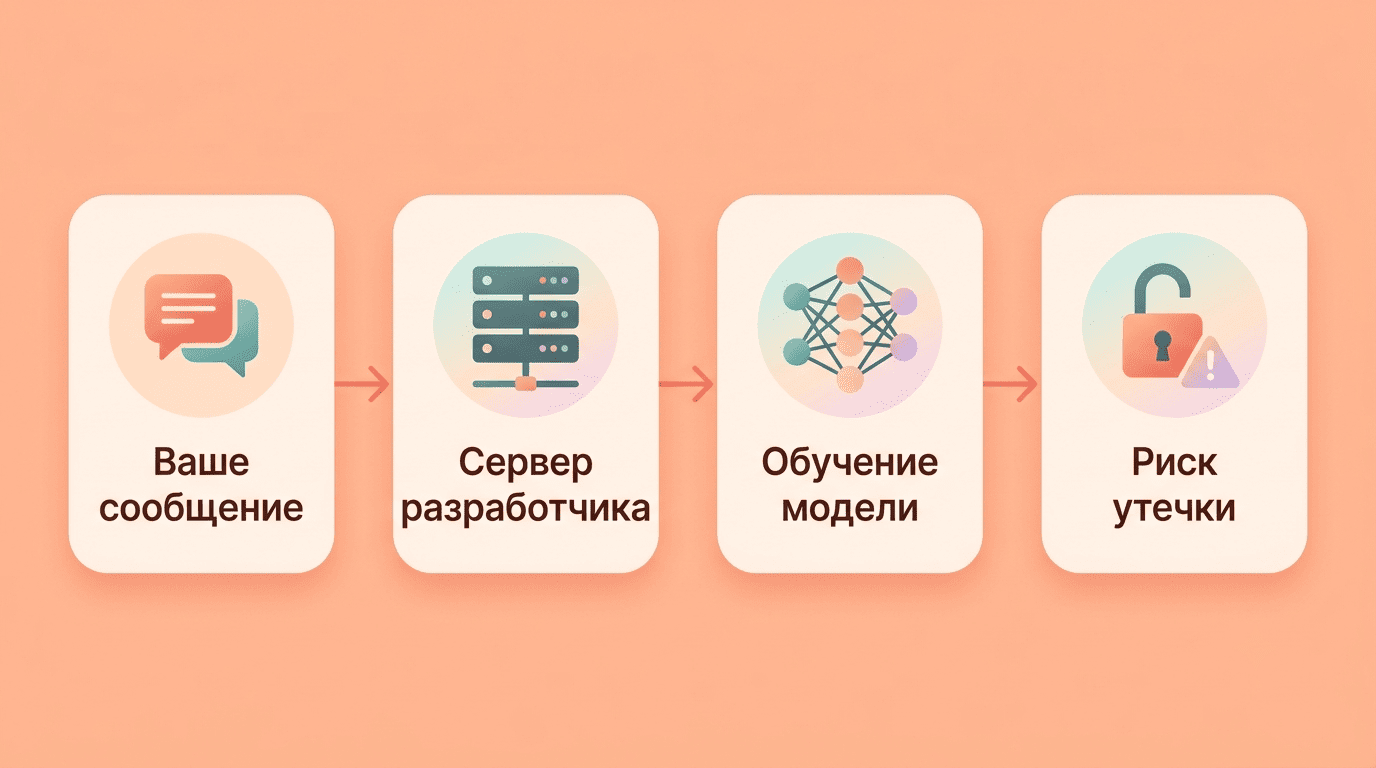 Схема пути данных: ваше сообщение, сервер разработчика, обучение модели, риск утечки
