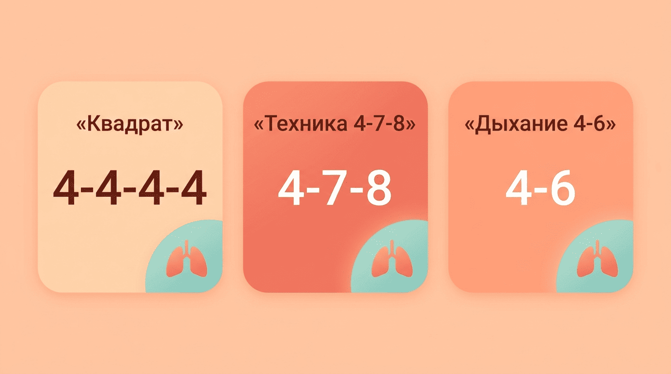 Три дыхательные техники: квадрат 4-4-4-4, 4-7-8 и 4-6