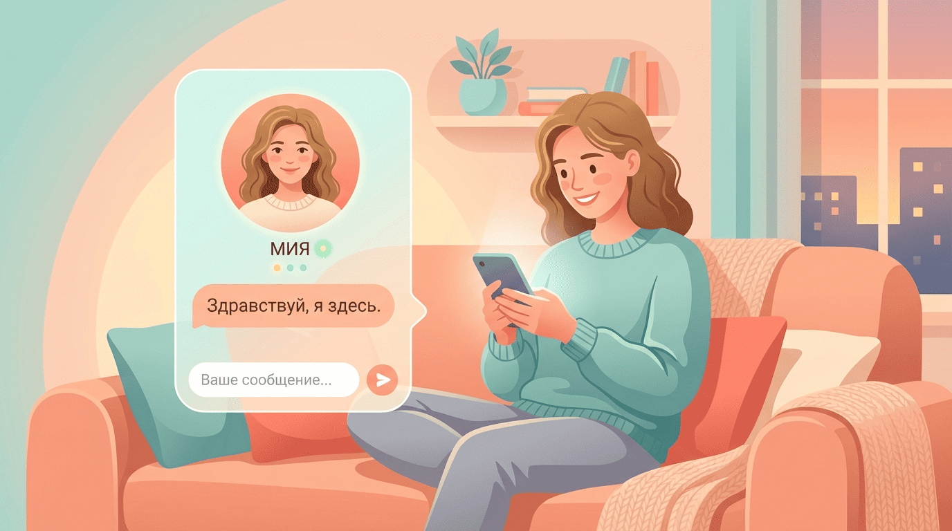 Девушка вечером дома пишет ИИ-психологу Мии в чат на смартфоне