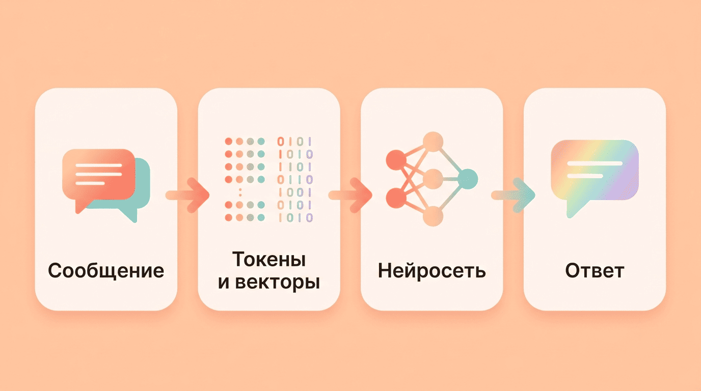 Схема из четырёх шагов: сообщение, токены и векторы, нейросеть, ответ