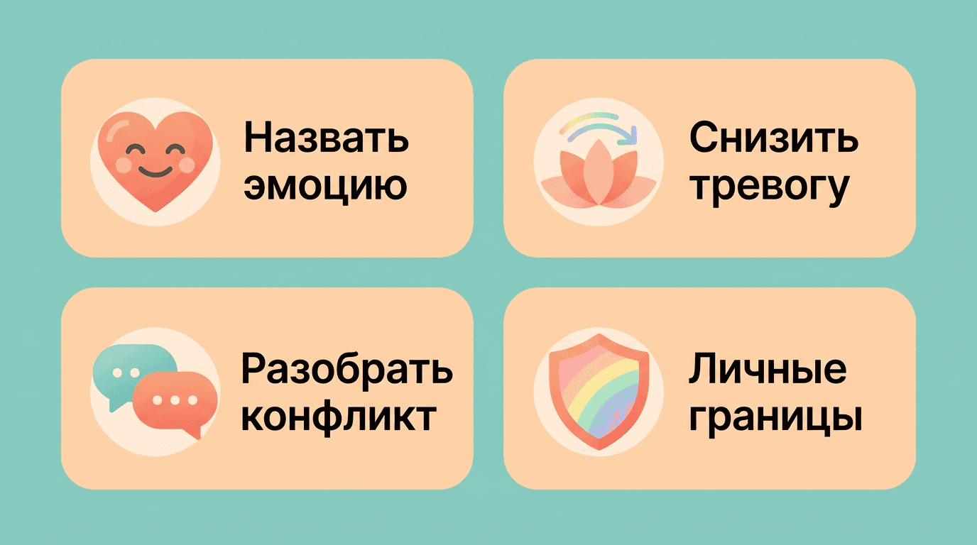 Чеклист из четырёх сценариев помощи ИИ-психолога с иконками