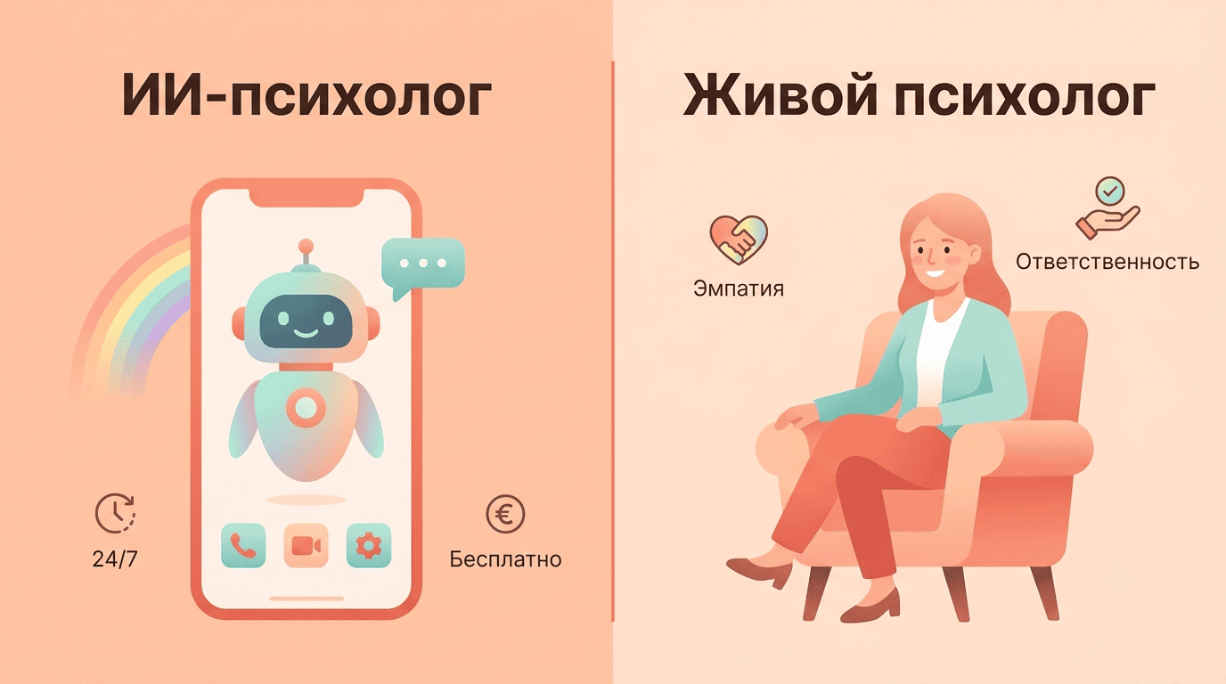 Сравнение ИИ-психолога и живого психолога сплит-экраном