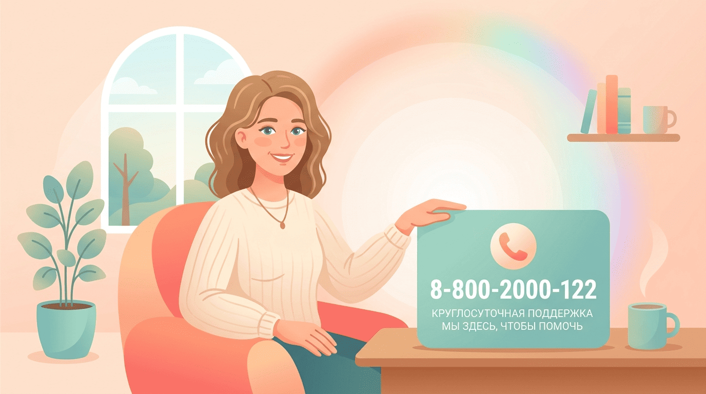 Психолог Мия показывает карточку с номером телефона доверия 8-800-2000-122