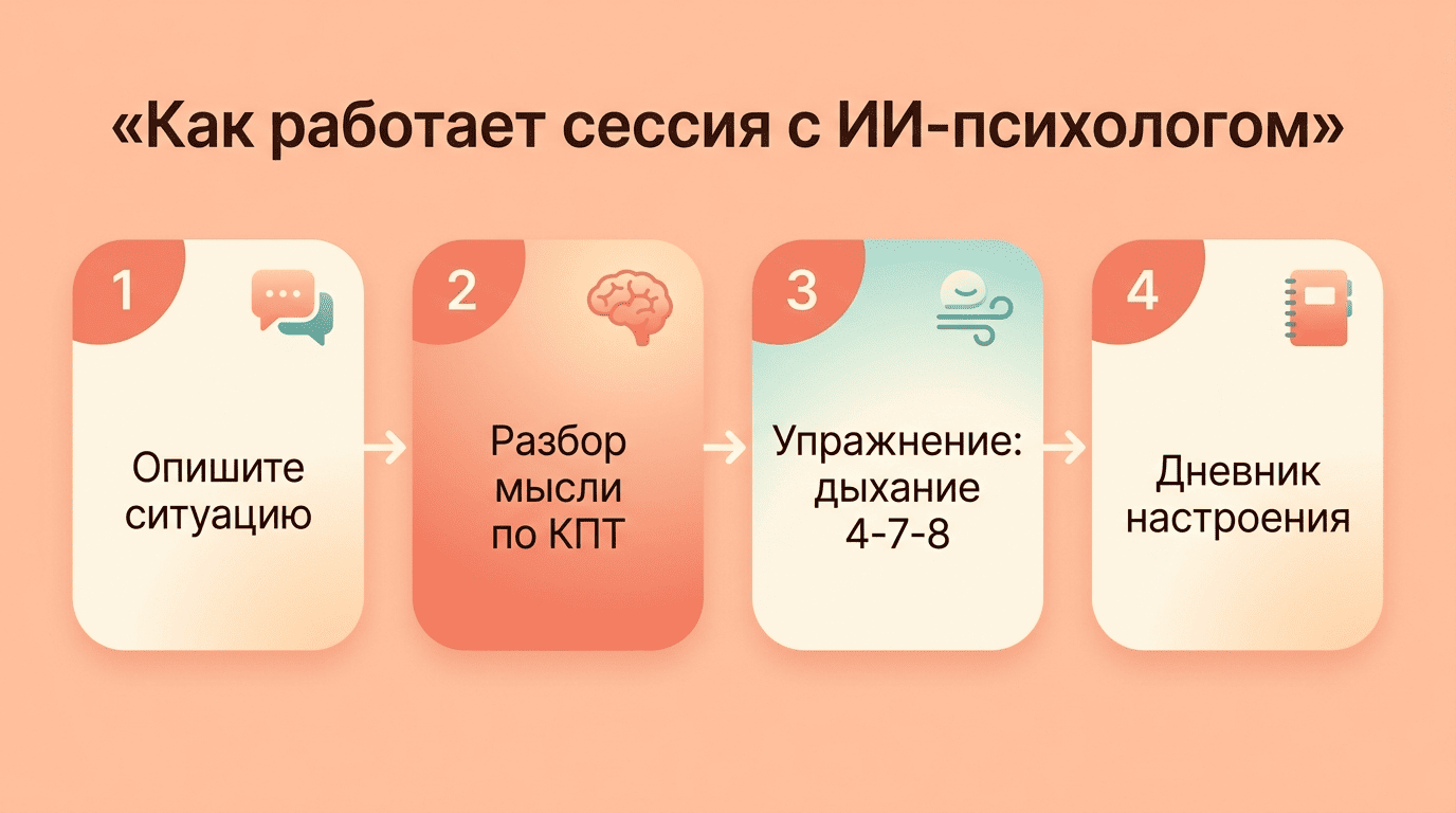Четыре шага сессии с ИИ-психологом на основе КПТ