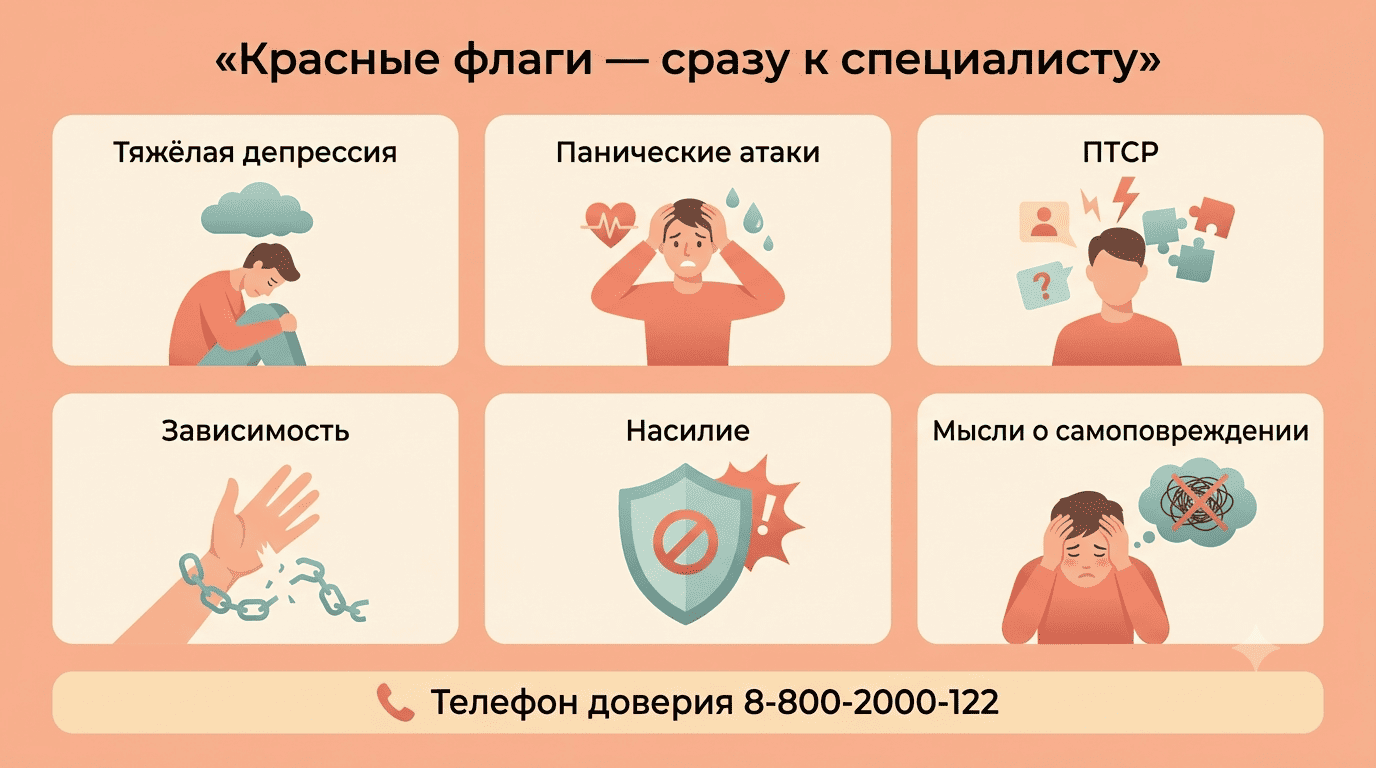 Красные флаги, при которых нужен живой специалист, и телефон доверия