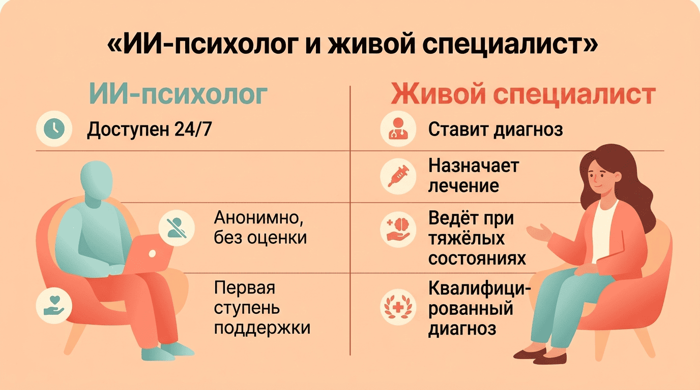 Сравнение возможностей ИИ-психолога и живого специалиста