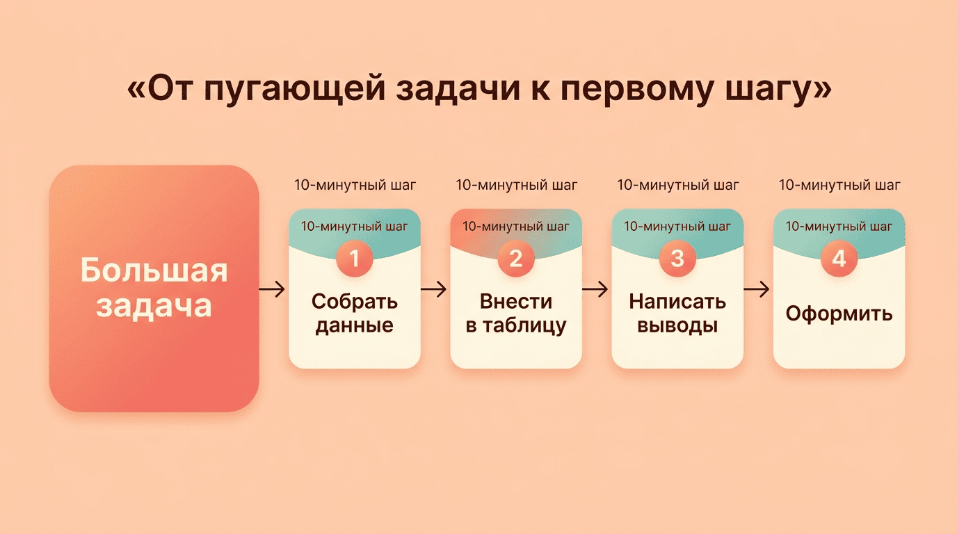 Схема: как ИИ-психолог дробит большую задачу на шаги по 10 минут