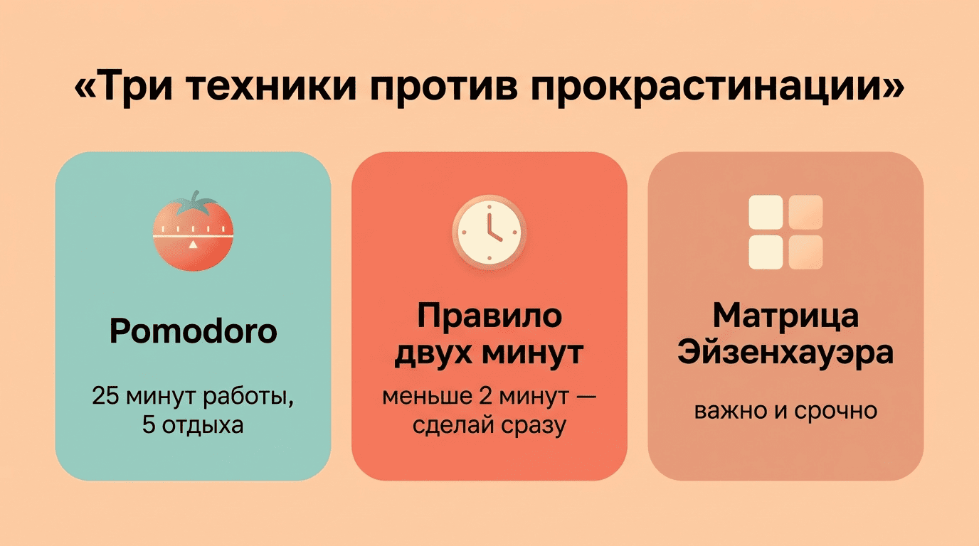 Сравнение трёх техник против прокрастинации: Pomodoro, правило двух минут, матрица Эйзенхауэра