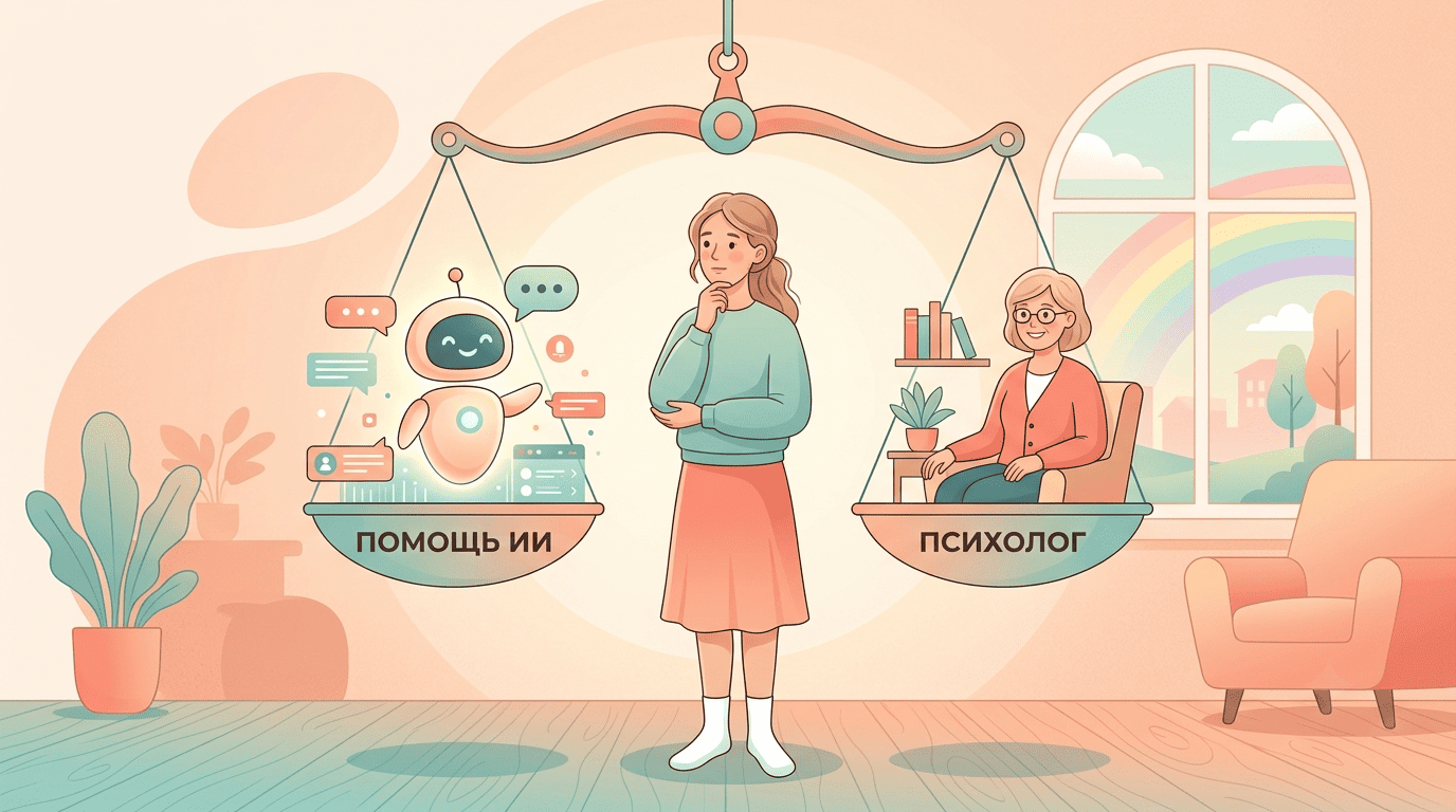 Девушка взвешивает выбор между ботом-психологом и живым психологом на весах