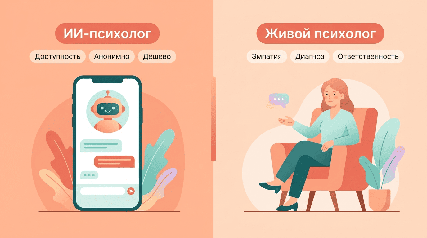 Сравнение ИИ-психолога и живого психолога сплит-экраном по ключевым признакам
