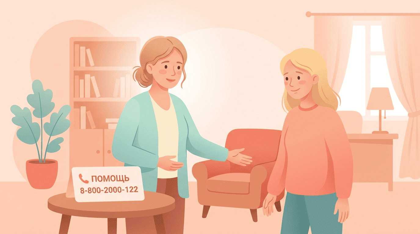 Психолог встречает клиента в кабинете, рядом карточка с телефоном доверия 8-800-2000-122