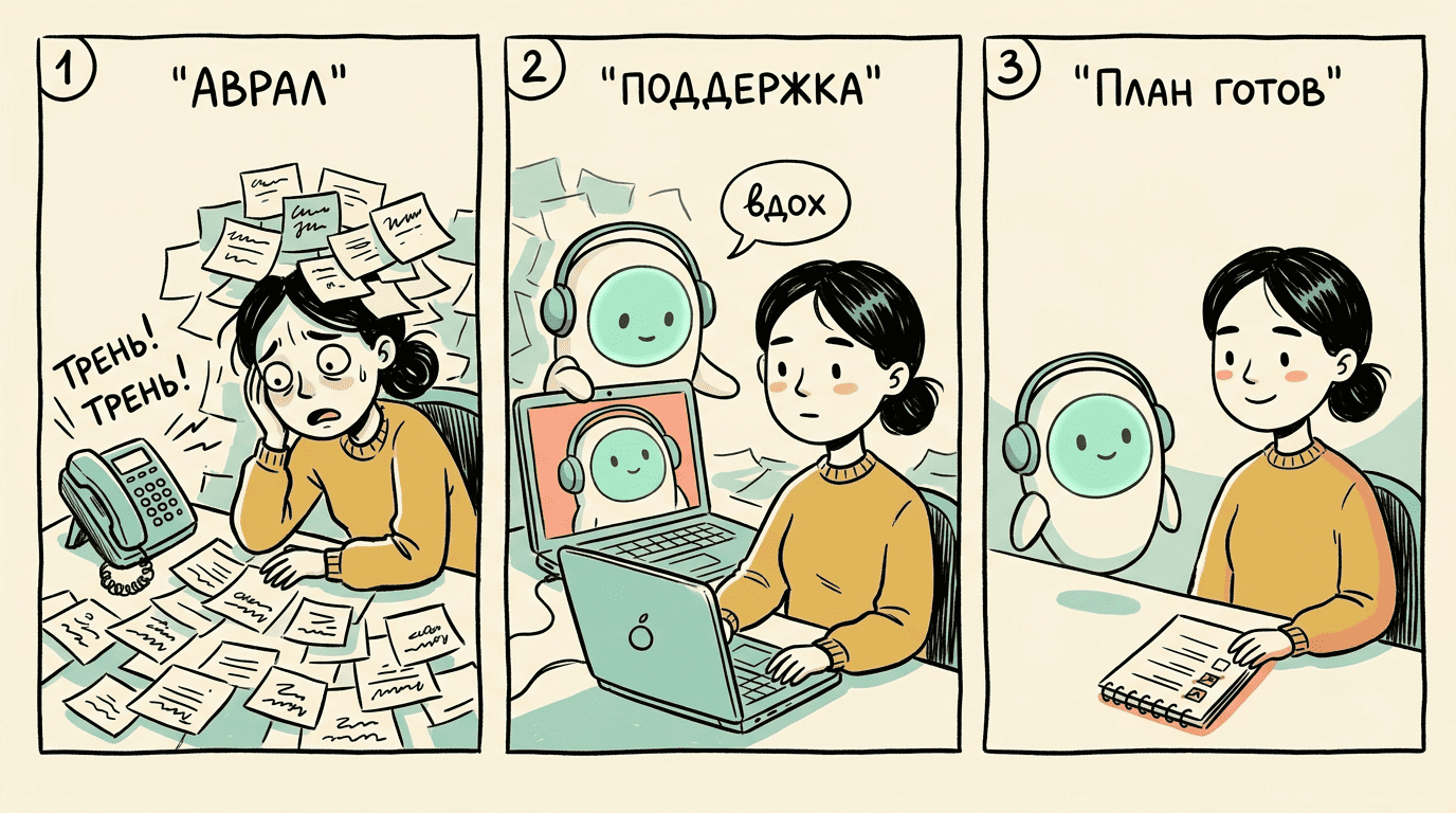 Комикс: сотрудник в аврале, сессия с ИИ-психологом и дыхание, затем спокойствие и готовый план