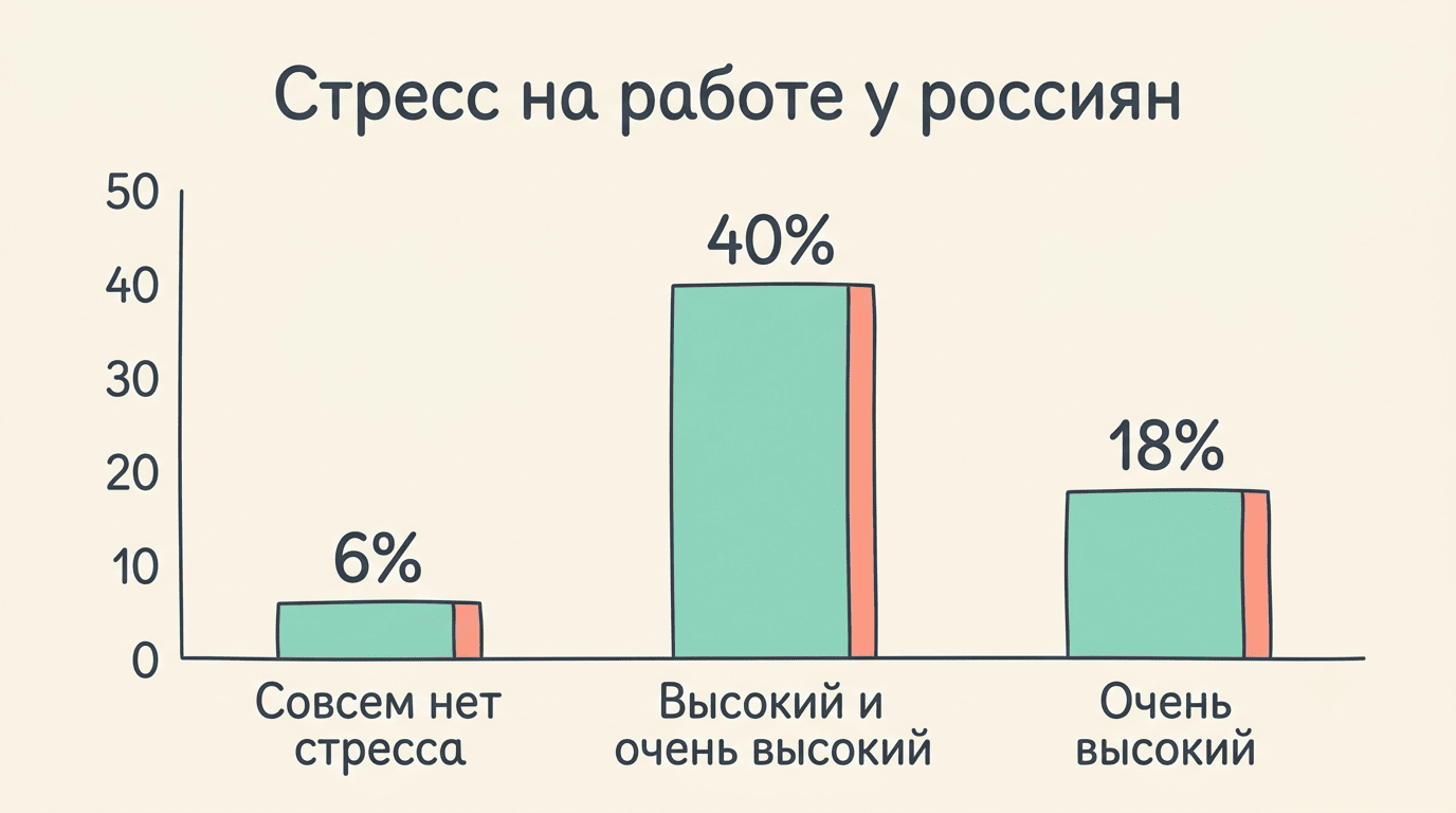 Столбчатая диаграмма: 6% россиян без стресса на работе, 40% высокий и очень высокий, 18% очень высокий