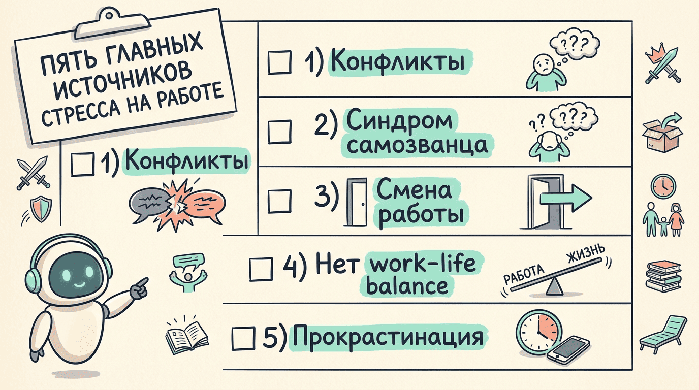 Чеклист пяти источников рабочего стресса: конфликты, синдром самозванца, смена работы, нет work-life balance, прокрастинация