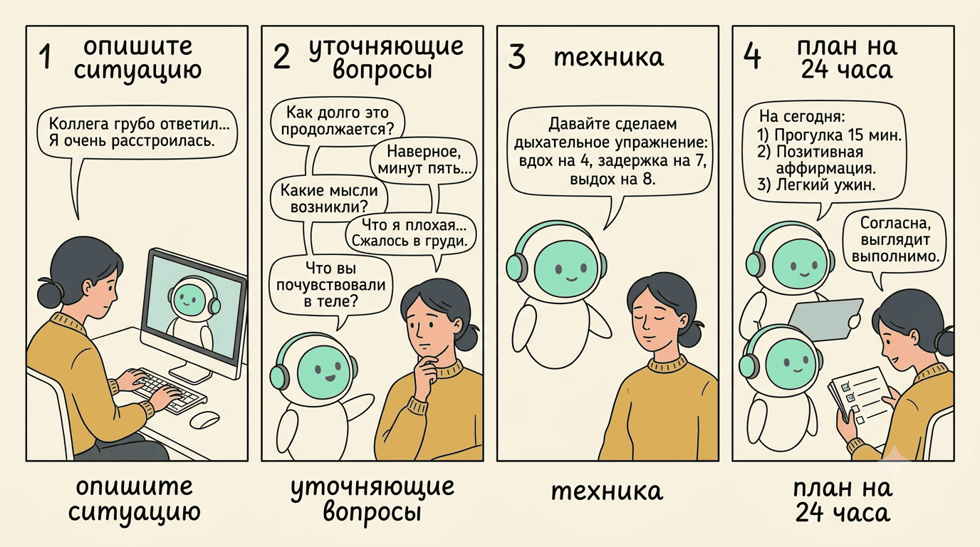 Схема сессии с ИИ-психологом из 4 шагов: опишите ситуацию, уточняющие вопросы, техника дыхания, план на 24 часа