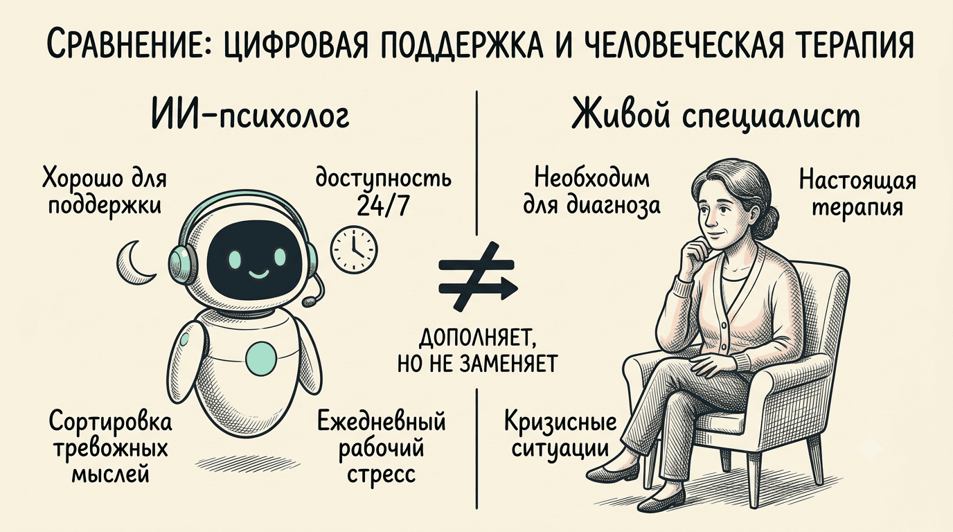 Сравнение: ИИ-психолог для поддержки 24/7 и разбора мыслей против живого специалиста для диагноза, терапии и кризиса
