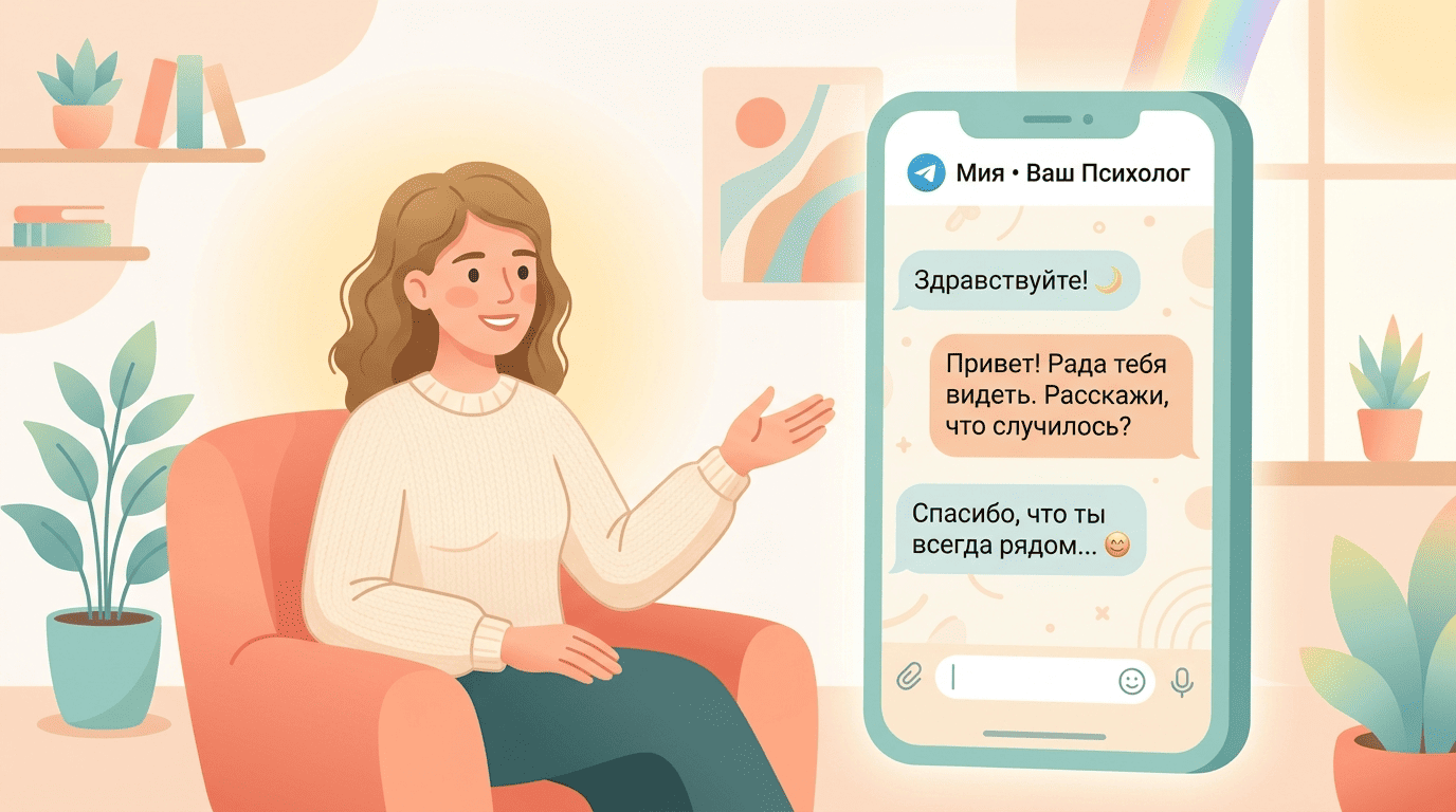 ИИ-психолог отвечает в чате Telegram, рядом психолог Мия