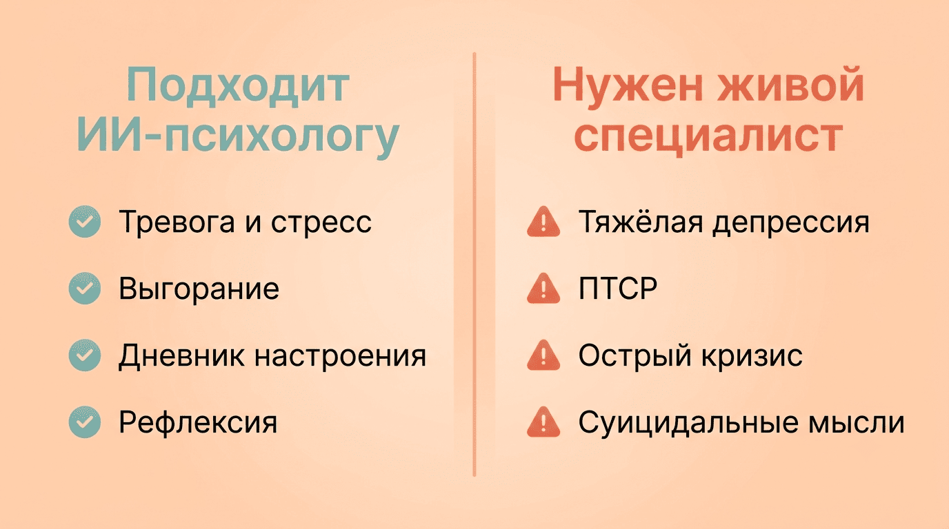 Сравнение задач: с чем справится ИИ-психолог и когда нужен живой специалист