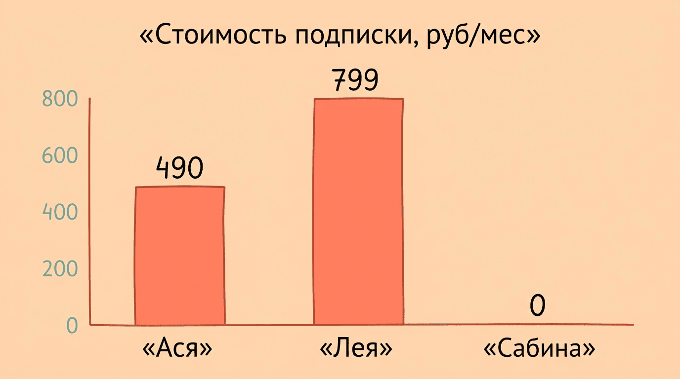 Диаграмма стоимости подписки на ботов-психологов в рублях в месяц