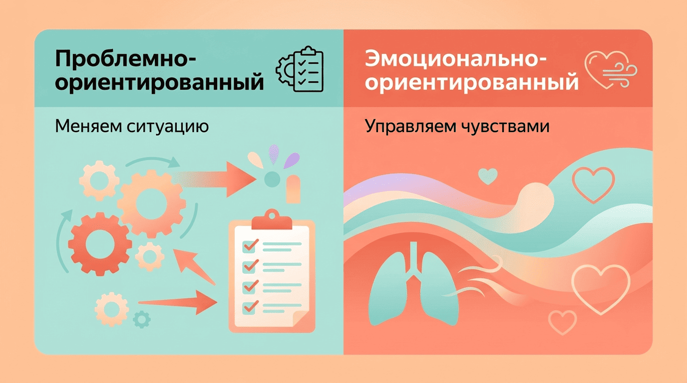 Сравнение двух типов копинга: проблемно-ориентированный меняет ситуацию, эмоционально-ориентированный управляет чувствами