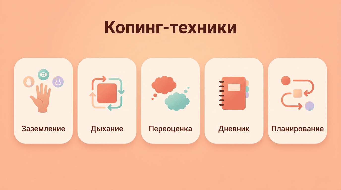 Пять базовых копинг-техник: заземление, дыхание, когнитивная переоценка, дневник эмоций, планирование