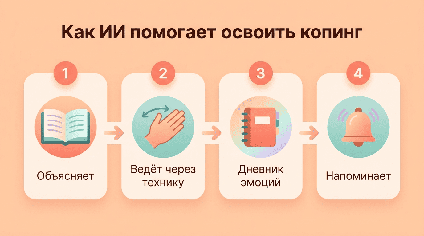 Как ИИ помогает освоить копинг: объясняет, ведёт через технику, помогает вести дневник эмоций и напоминает