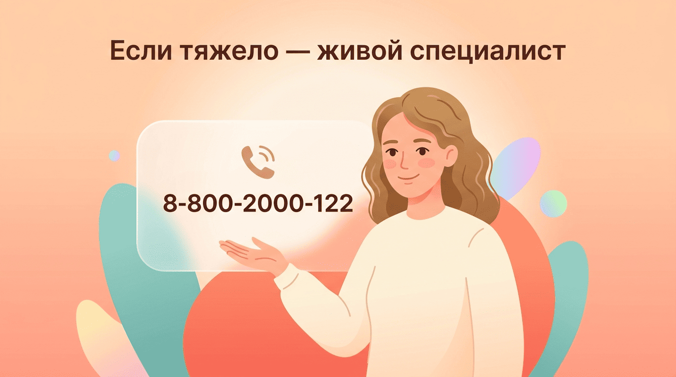 Мия указывает на карточку с телефоном доверия 8-800-2000-122 — при тяжёлом состоянии нужен живой специалист