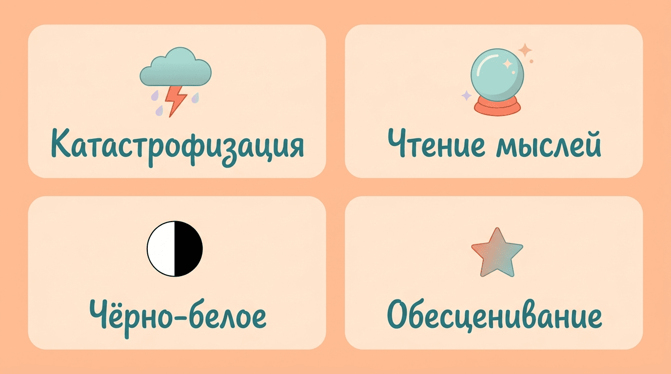 Четыре когнитивных искажения: катастрофизация, чтение мыслей, чёрно-белое, обесценивание