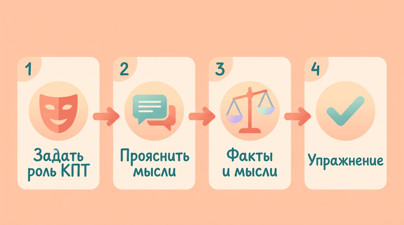 Четыре шага системного промпта КПТ: роль, мысли, факты, упражнение