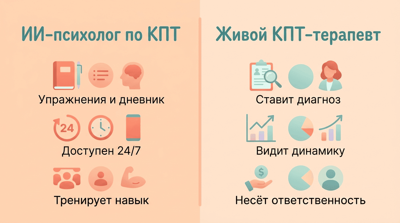 Сравнение ИИ-психолога по КПТ и живого КПТ-терапевта
