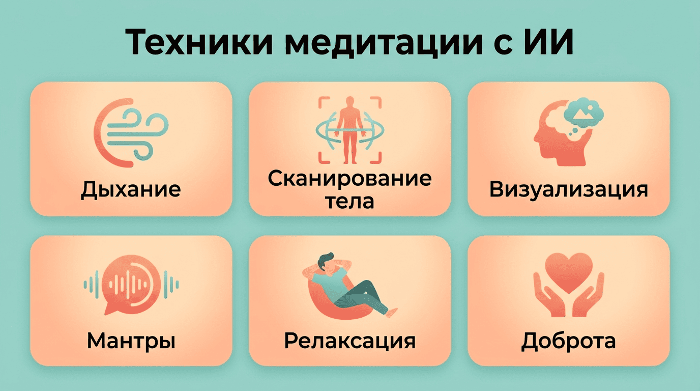 Техники медитации с ИИ: дыхание, сканирование тела, визуализация, мантры, релаксация, доброта