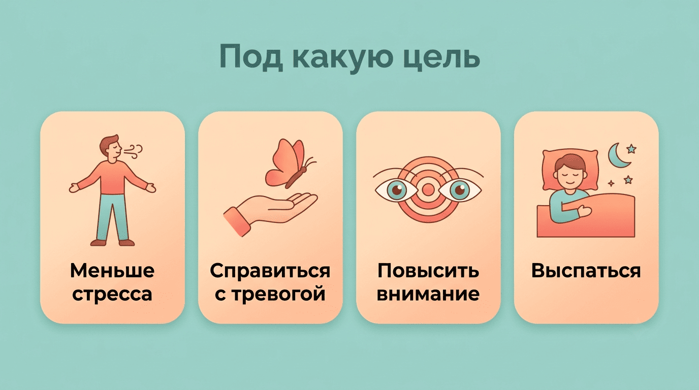 ИИ подбирает медитацию под цель: меньше стресса, справиться с тревогой, повысить внимание, выспаться