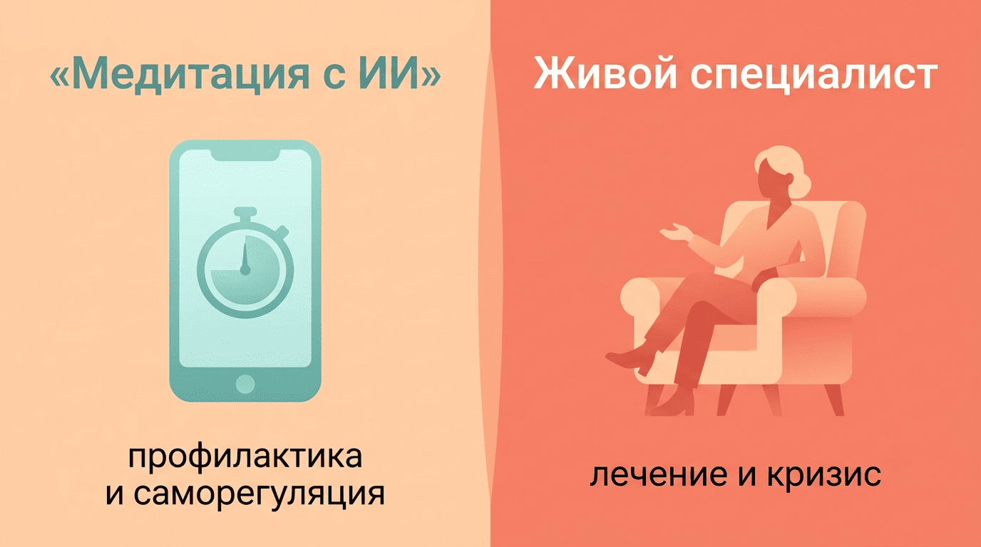 Медитация с ИИ — профилактика; лечение и кризис — к живому специалисту